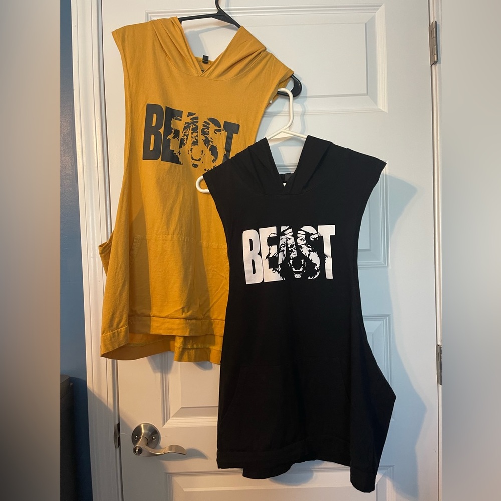 2 BEAST MODE Men Summer Gym Bodybuilding Tanks Workout Hooded Tshirts size XL